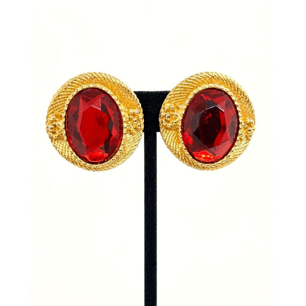 Vintage Red Earrings Gold Tone Glass Oval Clip On Statement 80s Runway Moghul